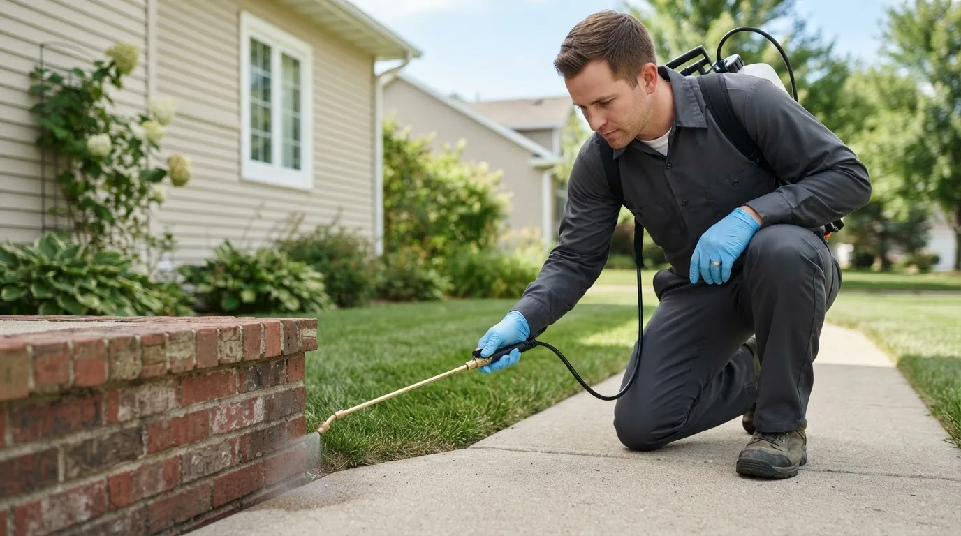 Pest control technician treating a home near Midland, OR